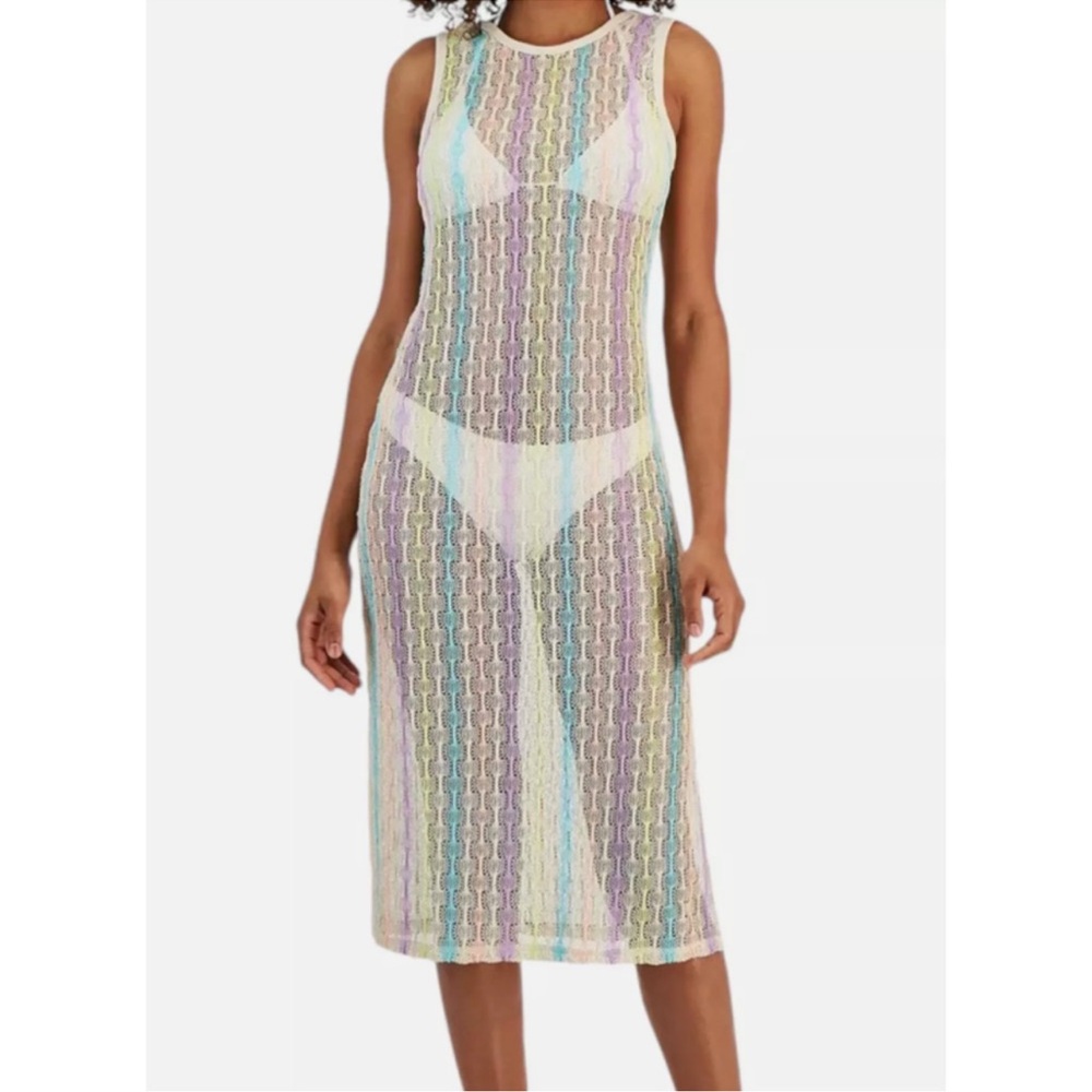NEW Miken Swim Pastel Sheer Swim Cover Up Dress Large Stripe Open Knit NWT